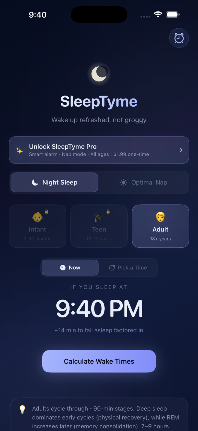 SleepTyme home screen with Unlock Pro banner