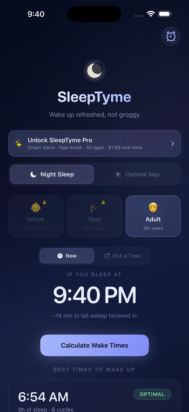 Calculated wake-up times ranked Optimal, Great, Good, Minimum